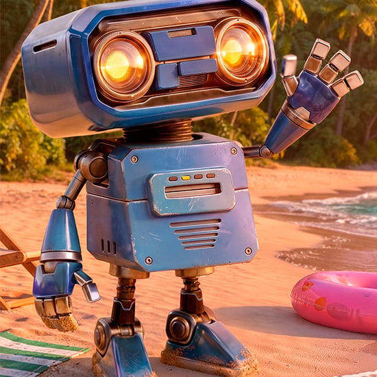 AI-generert bilde av retrorobot som vinker på en strand – kreativt arbeid med NVIDIA RTX Spark